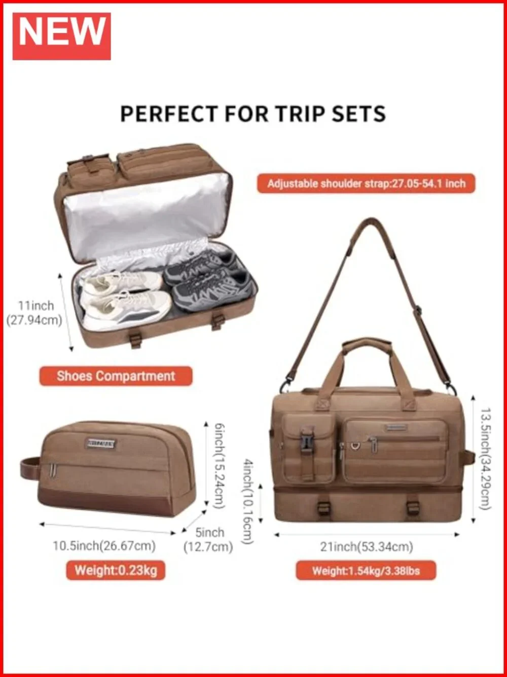 Canvas Duffle Bag 50L Weekend Travel with Shoe Compartment and Toiletry Bag